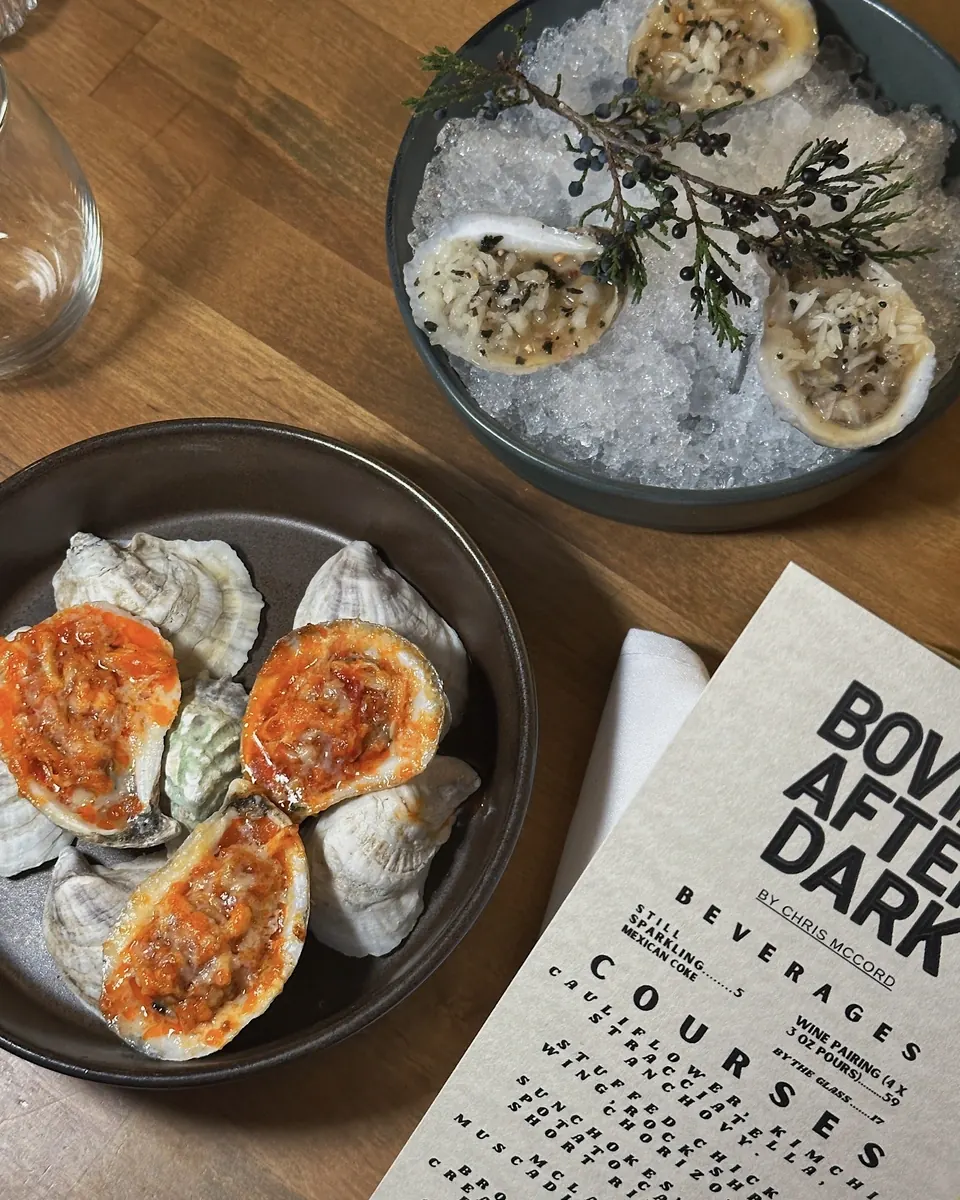 Oysters on ice and chargrilled oysters with the Bovino After Dark menu