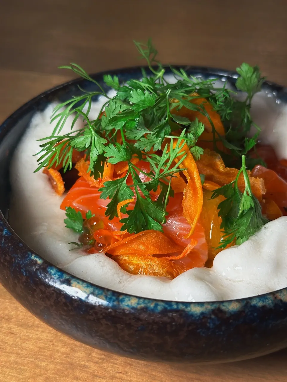Salmon crudo with carrot and chervil